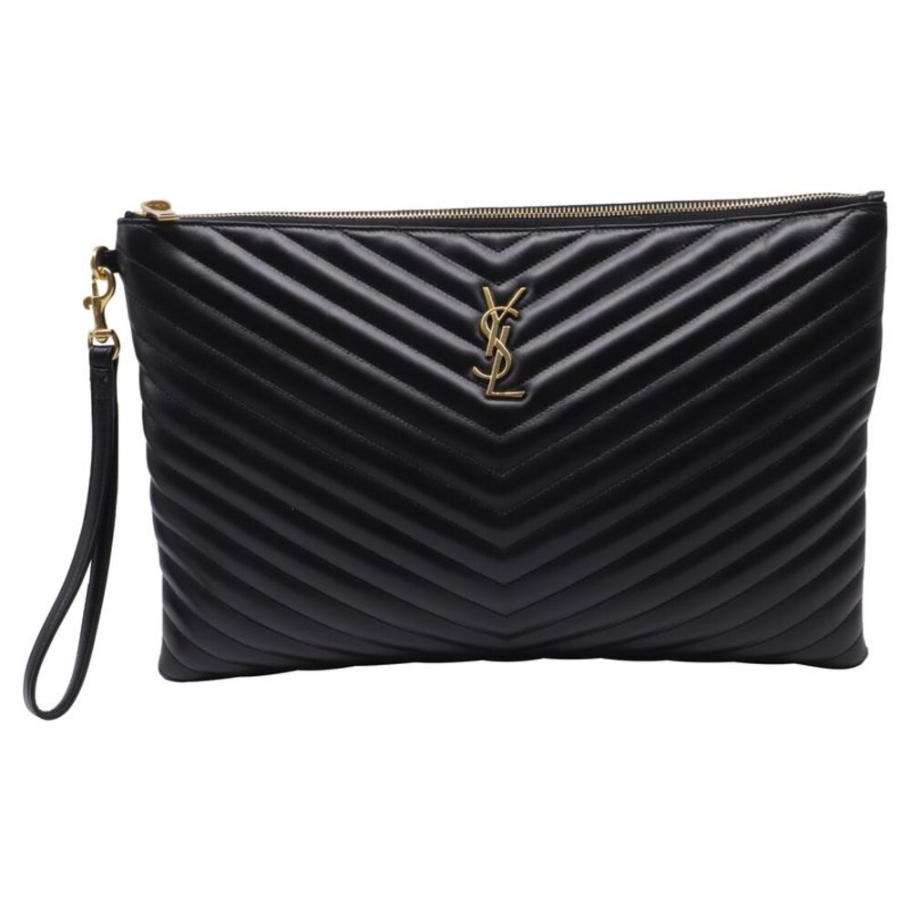 Saint Laurent Cassandre Matelassé Clutch Bag in Black Calf Leather